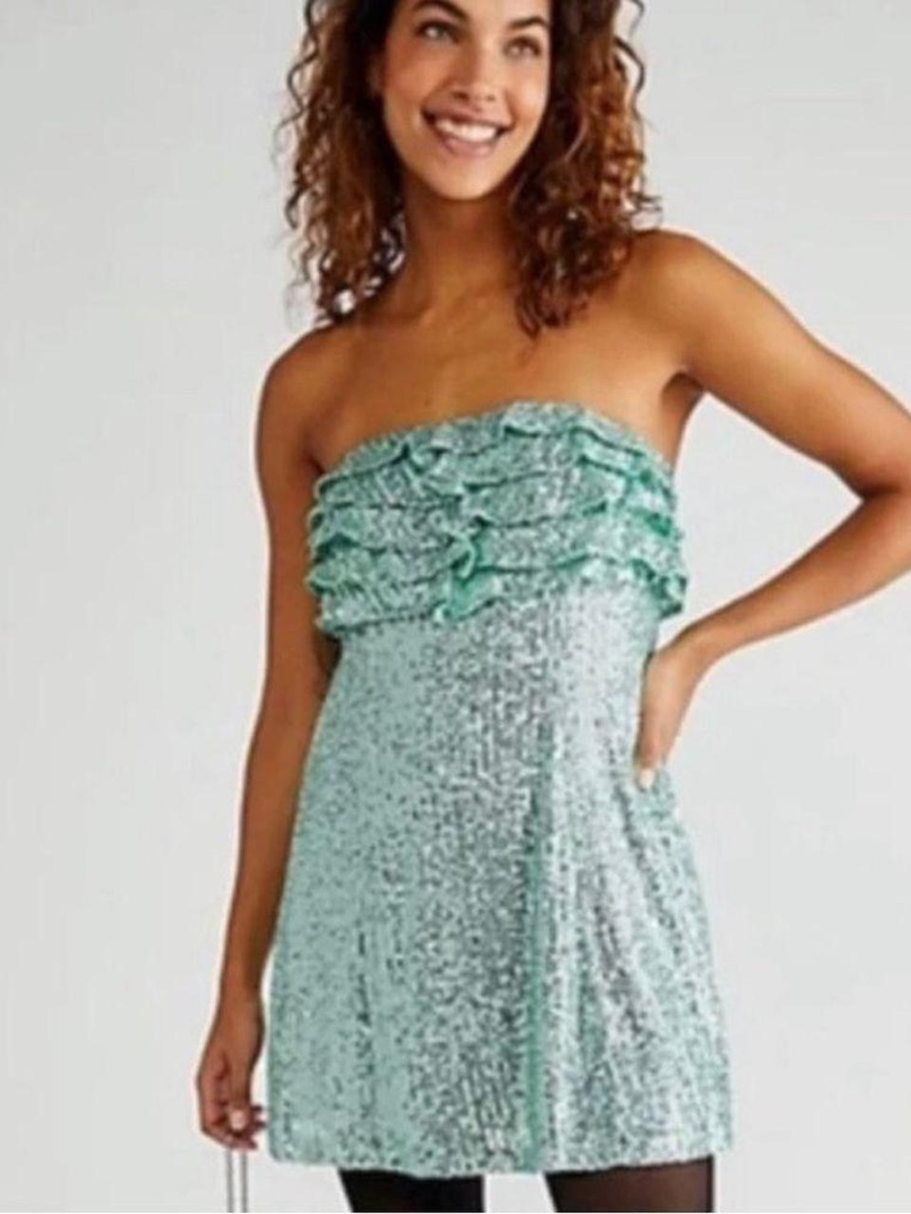 Free people Strapless Mint Sequin Ruffle Mini Dress